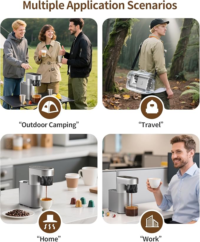 C1 Portable Electric Coffee Machine, 20 Bar Travel Espresso Maker with Ground Coffee, Rechargeable, Instant Heating, 6.1oz Water Tank, for Car, RV, Camping, Hiking, Office, Home