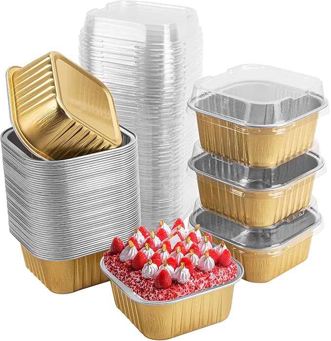 50 Pcs Mini Square Baking Cups with Lids,10oz Aluminum Foil Mini Cake Pans with Lids,Disposable Ramekins Cake Pans,300ml Dessert Cups Cupcake Pans for Wedding Birthday Party,Gold
