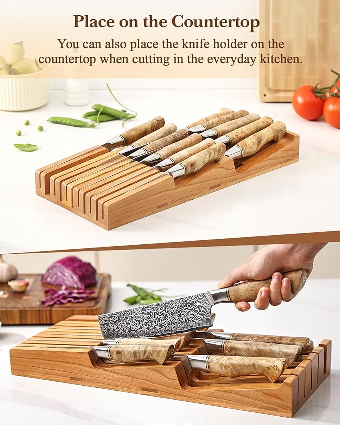 HEZHEN 11-slots Cherry Wood In-drawer Knife Tray,Knife Holder, Knife Block without Knives, Fit for 10 Knives and 1 sharpening rod