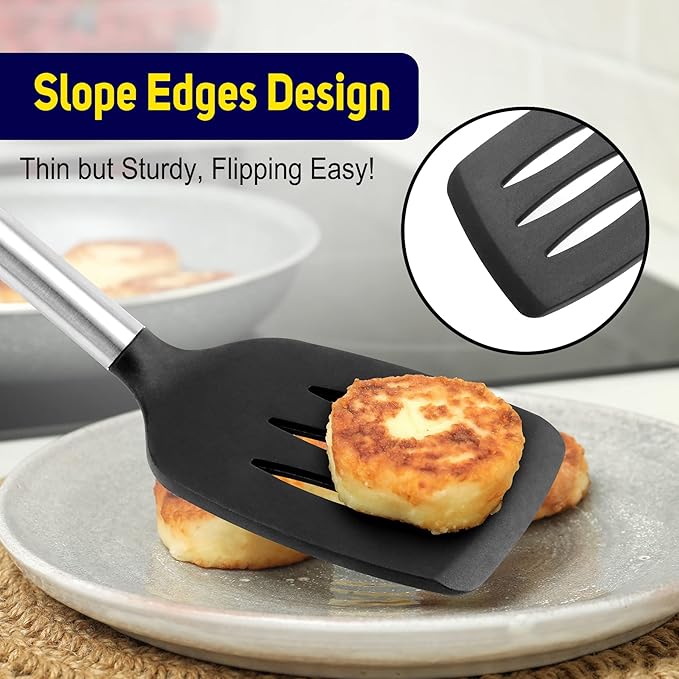 HOTEC Silicone Spatula Set of 2 Heat-Resistant 600°F & BPA-Free Kitchen SaptulaTurner with Stainless Steel Handles, Slotted & Solid Spatulas for Nonstick Cookware, 13.7 Inch, Black