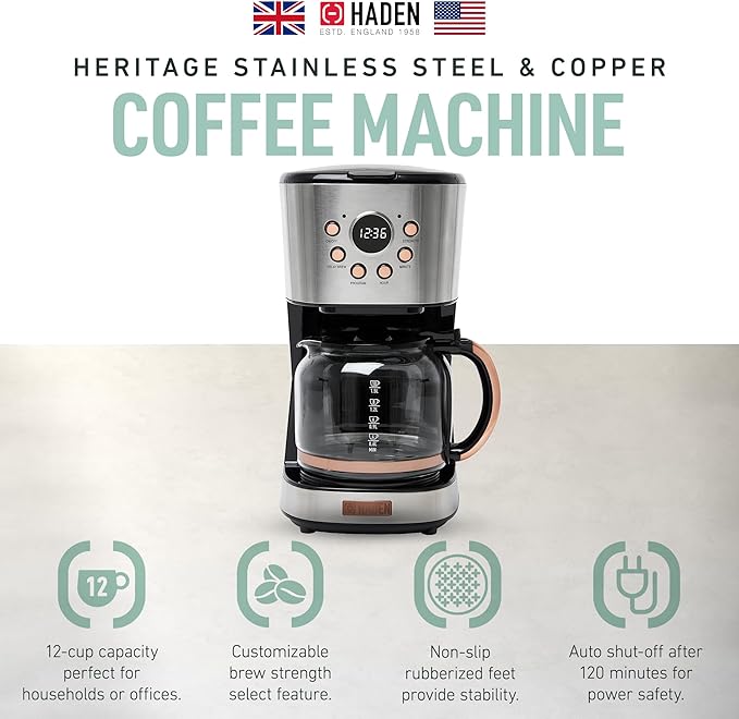 Haden Coffee Machine, 12 Cup Programmable Drip Coffee Maker with Auto Shut-Off Function and Reusable Washable Water Filter, Steel & Copper
