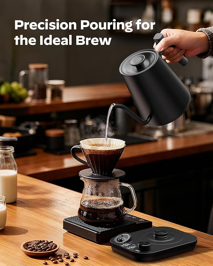 Silonn Gooseneck Kettle, Electric Kettle with ±1°F Precise Temperature Control, Pour-Over Coffee,100°C Hold for 4-Hour Warmth, LED Brew Timer and 7 Presets, 304 Stainless Steel Kettle, 1200W/0.9L