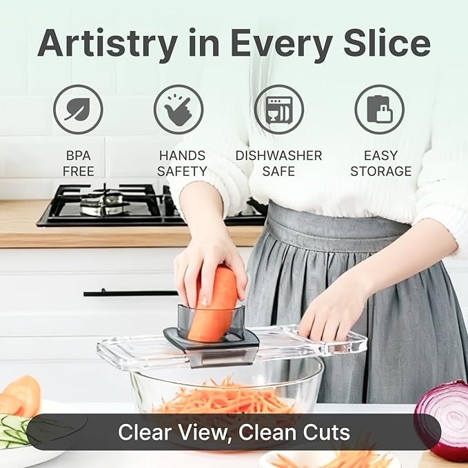 Multifunctional Handheld Mandoline Slicer for Kitchen – Sharp Vegetable Cutter with Safety Guard, 6‑in‑1 Cucumber Slicer & Grater, Crystal-Clear One-Piece Body, Easy to Clean, Sturdy & Compact