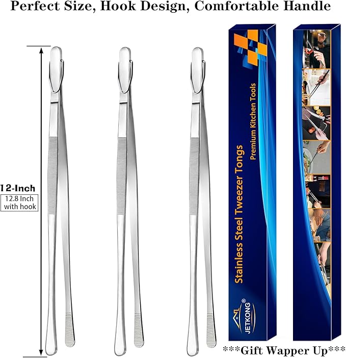 JETKONG 3 Pcs 12-Inch Cooking Tweezer Tongs Food Tweezers for Kitchen and Barbecue (12 12 12 Inch, Silver)