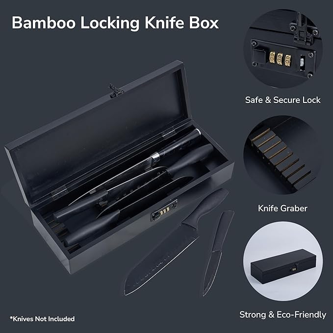 Upgraded Combination Lock Bamboo Locking Kitchen Knife Storage – Secure & Eco-Friendly Wooden Knife Box with Improved Quality, Fits in Drawers & Keeps Knives Safe (Black)