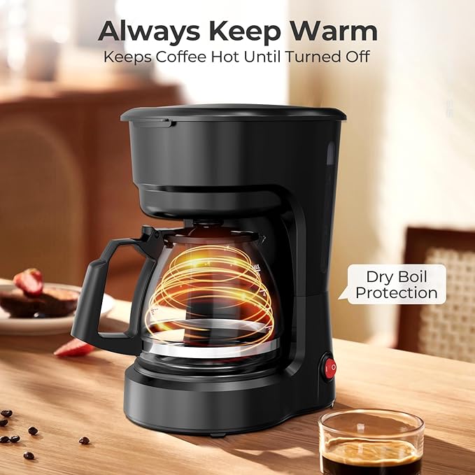 Small 5-Cup Coffee Maker, Drip Coffee Machine with Food-grade Glass Carafe, Always Keep Warm with Manual Switch, Delay Brew, 25oz Water Reservoir, Compact for Home/Office/RV/Travel/Outdoor - Black