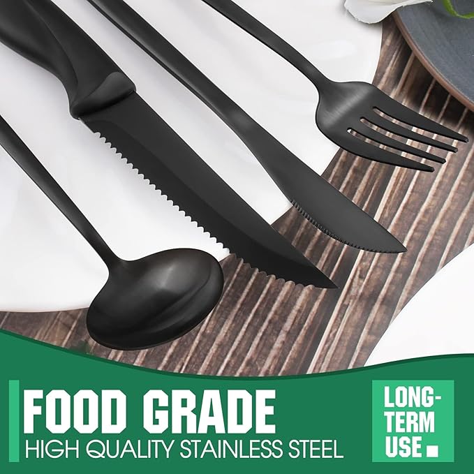24 Pieces Matte Black Silverware Set with Steak Knives,Satin Finish tableware Cutlery Set for Home and Restaurant,Matte Knife Spoon and Fork Sets Service for 4,Dishwasher Safe