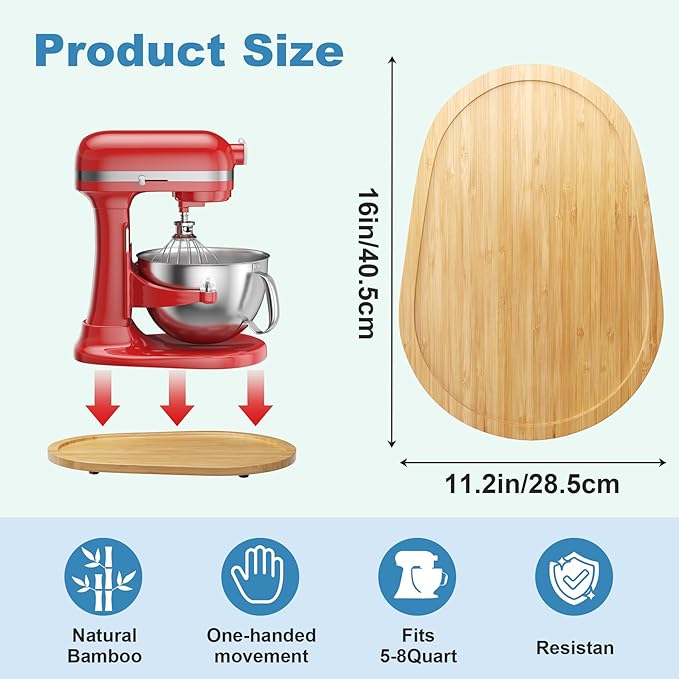 GuanQiao Food-Grade Bamboo Mixer Slider: For KitchenAid 5-8 Qt Bowl Lift Stand Mixer. Appliance Sliding Mat For Artisan, Kitchen Countertop Storage Accessories (Moving Tray)