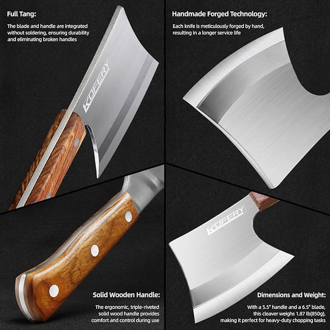 KOFERY 6.5" Meat Cleaver Knife - Heavy Duty Bone Chopper, Axe Bone Breaker with Pear Wood Handle, Butcher Knife for Kitchen and Restaurant