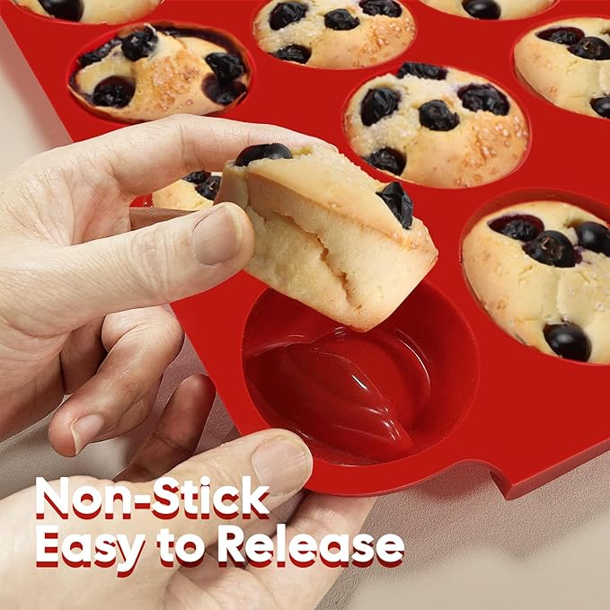 2-Pack Silicone Muffin Pan for Baking – Standard 12-Cup Nonstick Cupcake Pan with Handle, Food-Grade Certified, Odorless, BPA-Free, Silicone Baking Mold for Muffins, Egg Bites, Cupcakes