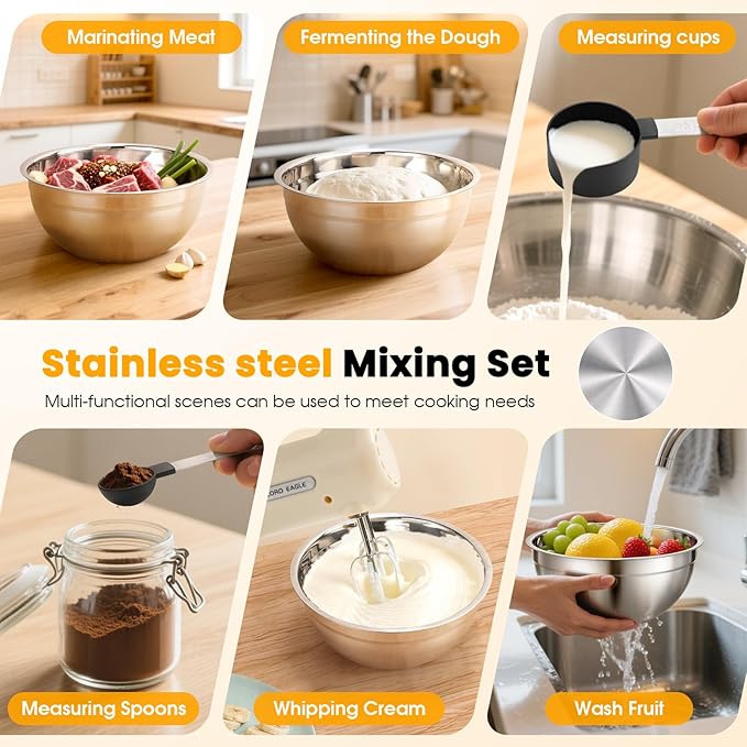 Lord Eagle 5-Speed Hand Mixer Electric Heldhand With Bowls Set, 300W Compact Mixer for Baking, Stainless Steel Mxing Bowl Measuring Cups Spoons