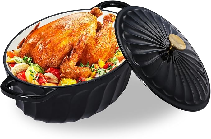 Enameled Oval Dutch Oven Pot with Lid, 7 QT Cast Iron Dutch Oven with Dual Handles for Cooking, Bread Baking, Frying, Non-stick Enamel Coated Oven (Black)