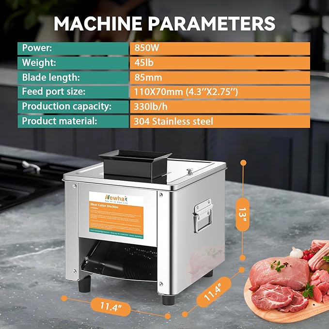 Newhai 850W Meat Cutter Machine 3.5mm Electric Meat Slicer Shredded Cutting Machine Stainless Steel 330lb/h for Boneless Pork Chicken Fish for Family and Commercial Use (Meat thickness: 3.5mm)