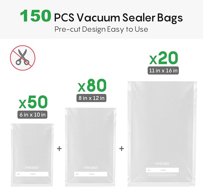 FRESKO Vacuum Sealer Bags, 150 Gallon 11" x 16" and Quart 8" x 12" and Pint 6" x 10" BPA Free PreCut Bag, Commercial Grade Food Vac Bags for Storage, Meal Prep or Sous Vide