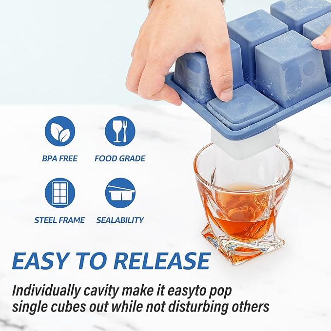 mossime Silicone Ice Cube Tray: 4pack Square Whiskey Large Ice Cube Molds - Old Fashioned Ice Cube Trays with Lid - 2inch Easy Release Big Freezer Mold for Cocktail Baby Food Soup & Juice