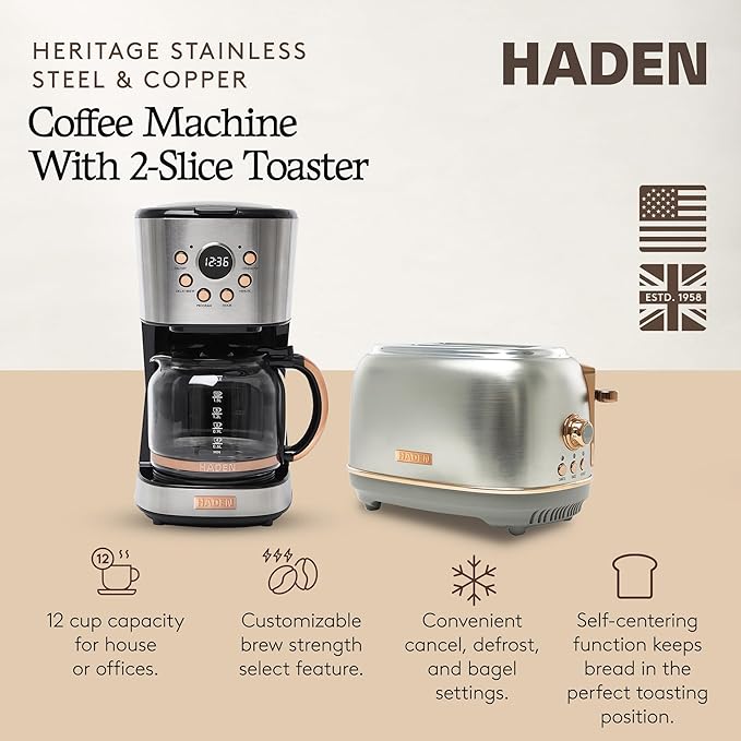 HADEN Heritage 12 Cup Programmable Retro Coffee Maker Machine Bundled with 2 Slice Wide Slot Toaster with Removable Crumb Tray, Steel/Copper