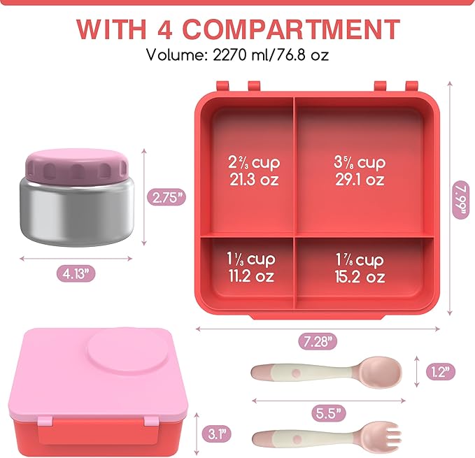 Bento Box for Kids - Leak-Proof Bento Lunch Box with Insulated Thermos Food Jar - 4 Compartments, 1 Removable Divider, 1Spoon, 1 Fork - Dishwasher Safe, BPA-Free (Pink)