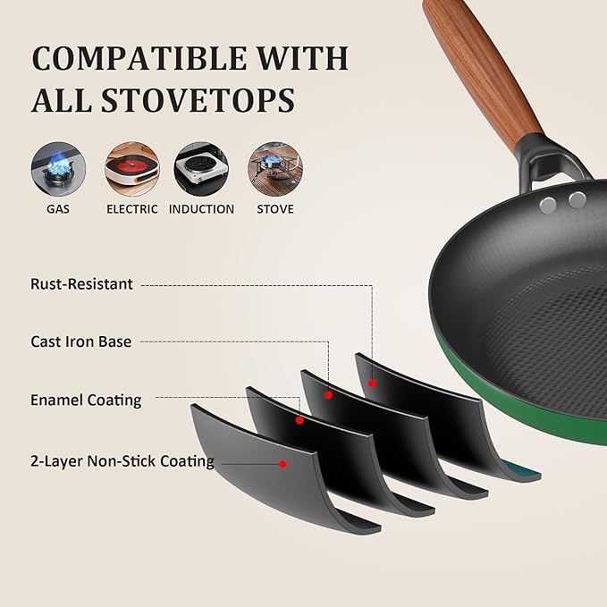 YUTANN Cast Iron Frying Pan Set - 8&10&12 Inch Pre-Seasoned Skillets, Diamond Textured Oil-Conserving Bottom, Nonstick & Toxin-Free Cookware, Detachable Handle, Works on Induction & Oven