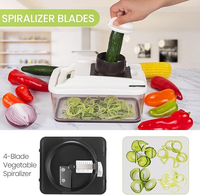 RüK Vegetable Chopper, Extra Large Chopper Vegetable Cutter, Multifunctional 10-in-1 Pro Food Chopper - 6 Blades, 4 Vegetable Spiralizers, E-Recipes - Veggie Chopper with Container
