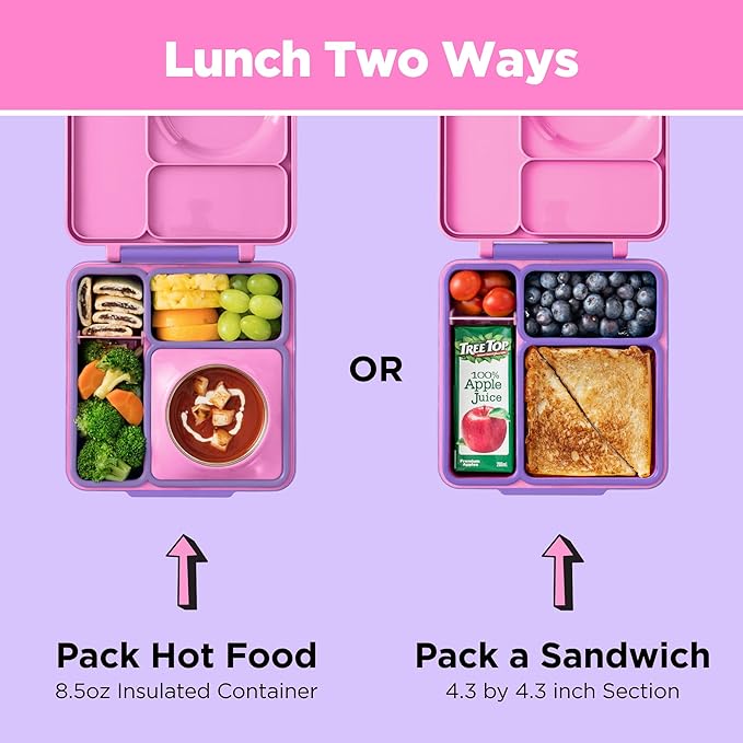 OmieBox Bento Box for Kids - Insulated Bento Lunch Box with Leak Proof Vacuum Insulated Food Jar - 3 Compartments, Two Temperature Zones (Unicorn Pink)