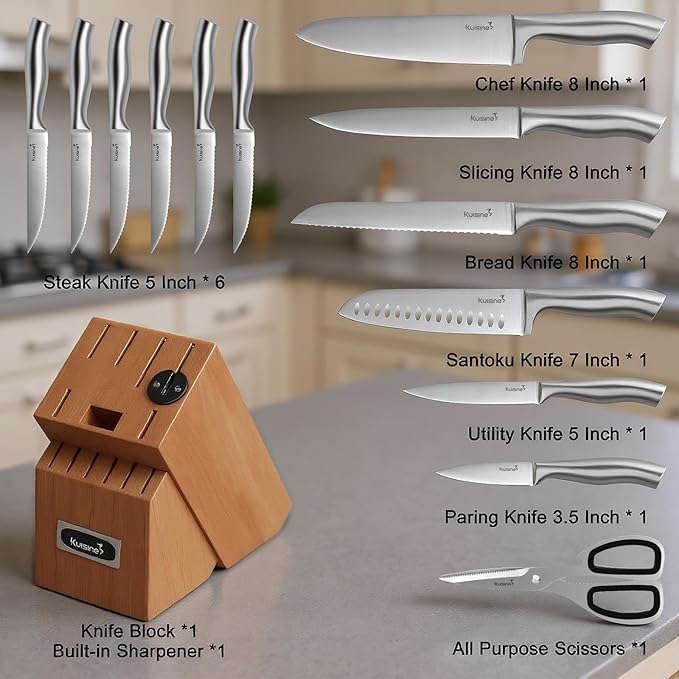 Kuisine Chef Knife Set Upgraded One Piece Molding Ultra Sharp Blade Ergonomic Handle,Kitchen Knife Block Set with Built-in Sharpener(Silver Acacia,15PCS)
