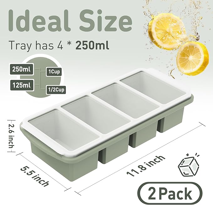 Silicone Freezer Tray with Lid Soup Freezer Container Molds with Steel Reinforced Rim Large Ice Cube Tray Makes 8 Perfect 1 Cup Portions Cubes Storage Food Portion Control Containers Kitchen Gadgets