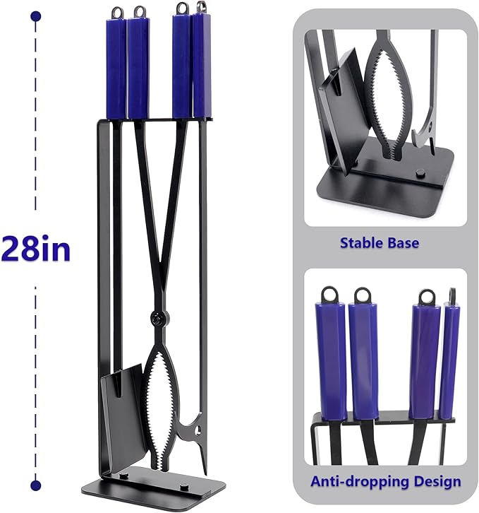 Fireplace Tools Set Indoor, 28" Fire Poker Fire Tongs and Shovel, Wrought Iron Firewood Tongs with Metal Stand and Rubber Handle Log Grabber for Fire Pit Ash Shovel for Campfire Backyard Bonfire
