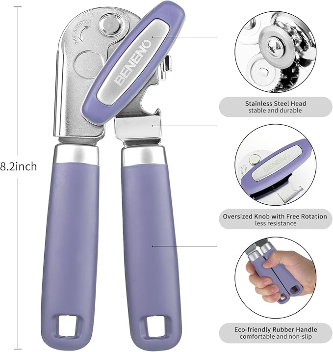 Beneno Heavy Duty Hand Can Opener Manual with Magnet, Durable Sharp Carbon Steel Blade Smooth Cutting, Big Effort-Saving Knob, Soft Grip Handle, Multifunctional Kitchen Tool with Bottle Opener, Purple