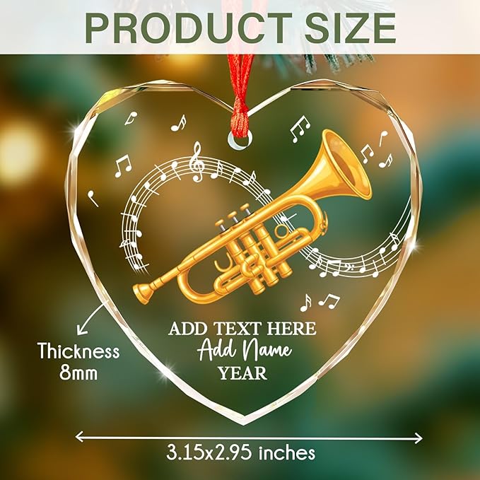 Personalized Text Name Year Trumpet Xmas Glass Ornaments, Trumpet Instrument Christmas Tree Ornament 2025, Trumpetist Christmas Ornament Gift for Men Women, Instrument Themed Xmas Decoration