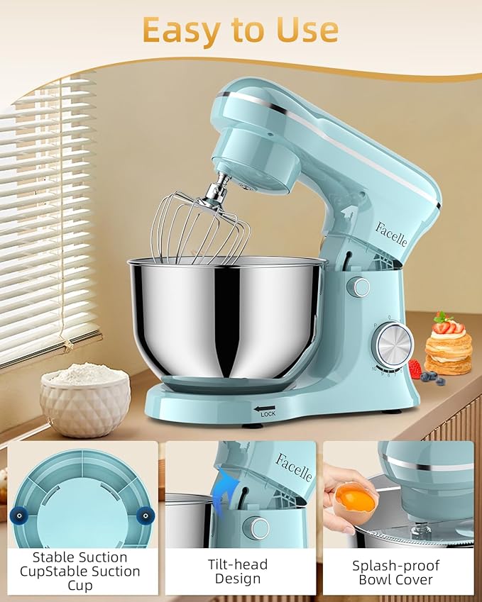 Facelle Tilt-Head Stand Mixer, 5QT+6QT Stainless Steel Two Bowls, 10 Speeds Kitchen Electric Food Mixer with Egg Whisk, Dough Hook, Beater, Dishwasher-Safe Attachment, Ideal Gift for Mom