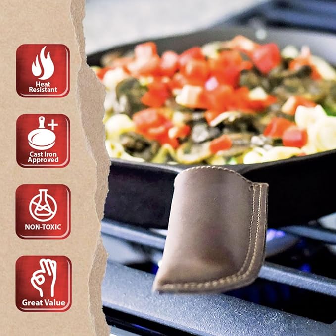 Knapp Made Bourbon Brown 5.5” Extra Thick Leather cast Iron Skillet Handle Covers - Pot Handle Covers, Double Layered Double Stitched, Slides On and Off Easily onto Metal Skillet Grips.