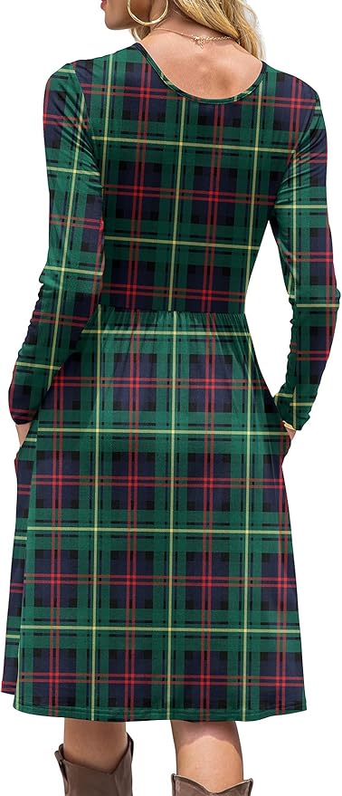 DB MOON Women Casual Long Sleeve Dresses Empire Waist Knee Length Loose Dress with Pockets