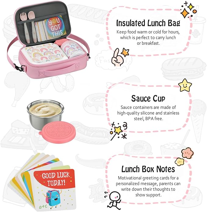 Itslife Bento Lunch Box Set for Kids with 12oz Soup Thermo&Lunch Bag, Leak-Proof Lunch Food Containers for Kids School, 5 Compartment, Sauce Cup, 10 Notes (Rainbow White)