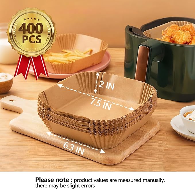 7.5 Inch Air Fryer Liner Disposable, 400Pcs Air Fryer Paper Liners, Oil-Proof & High-Temperature Resistant Parchment Baking Paper for Air Fryer, Microwave and Oven（Bottom Is 6.3 Inch）
