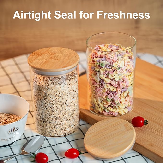 Liuruiyu 50oz Glass Food Storage Jars Set of 6,Glass Storage Containers Clear Glass Food Canister with Bamboo Lid Airtight For Serving Tea, Coffee, Flour, Sugar, Candy, Cookie, Spice and More (Round)