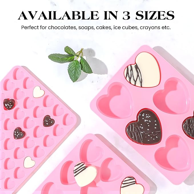 3 Inch Heart Shaped Silicone Molds for Chocolate, Candy, Gummy, Soap (Set of 2, Pink)