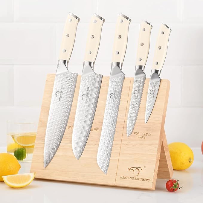 NF Damascus Kitchen Knife Set, NANFANG BROTHERS 6-Piece Damascus Steel VG10 Kitchen Knife Set with Wood Magnetic Knife Holder Block Professional Chef's Knife with Sharp Blades and ABS Ergonomic Handle