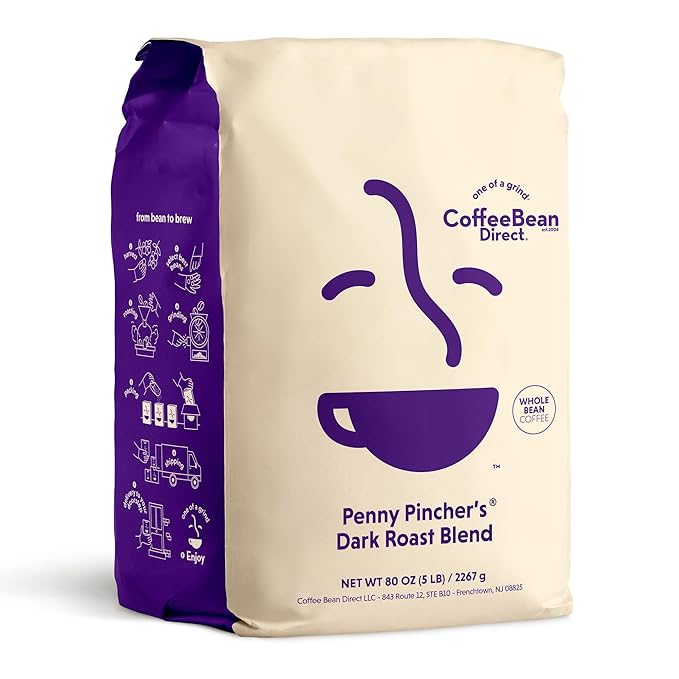 Coffee Bean Direct Penny Pincher's® Dark Roast Blend, Whole Bean Coffee, Dark Roast, 5 Pound Bag (Pack of 1)