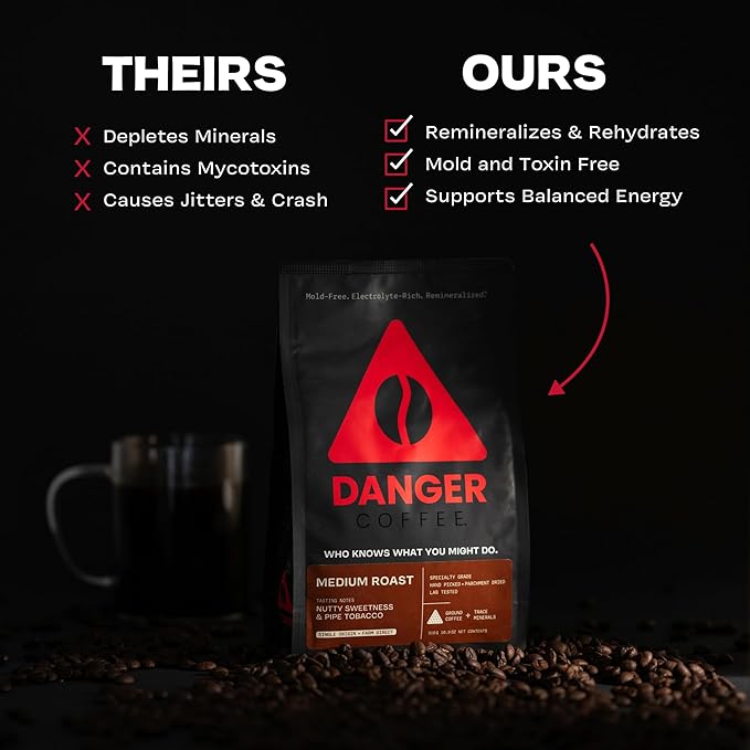 Danger Coffee by Dave Asprey, Remineralized, Mold Free & Lab Tested Ground Coffee, Medium Roast, 10.9 Ounce