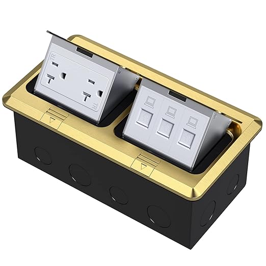 KYHSHJ Dual Pop-Up Floor Electrical Outlet Box Kit，20 Amp Stainless Steel TR Tamper-Resistant Duplex Receptacle Outlet，3-Port RJ45 Datacom Receptacle，ETL Listed, Brass