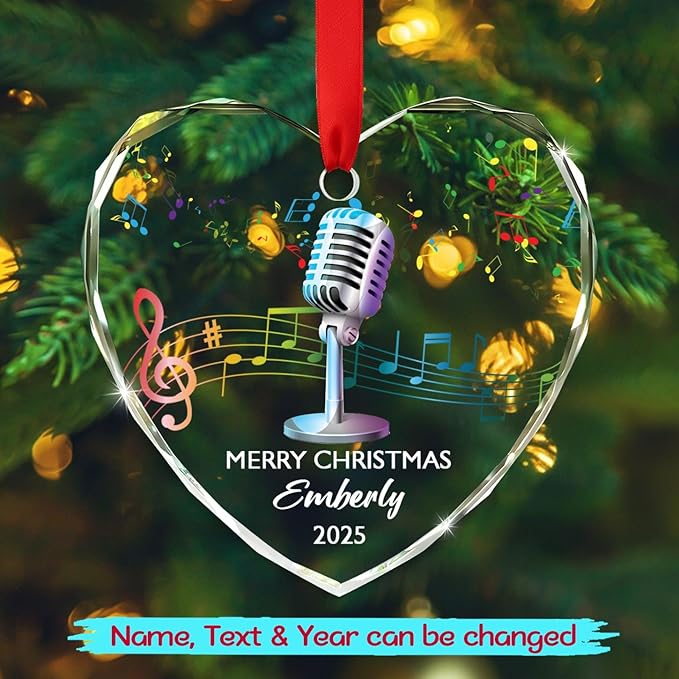 Personalized Micro Recording Glass Christmas Ornament, Customized Year Text Name Singer Singing Microphone Keepsake Ornaments Gift for Women Men Friends Besties, Vocalist Music Xmas Ornament Gifts