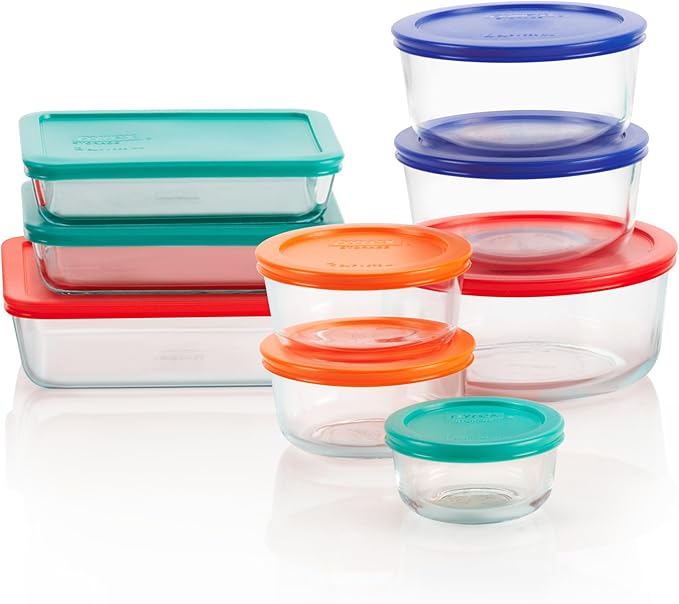 Pyrex Simply Store 9-Pack Mixed Sized Glass Food Storage Set, Round & Rectangular Containers With Lids, BPA-Free, Dishwasher & Microwave Safe