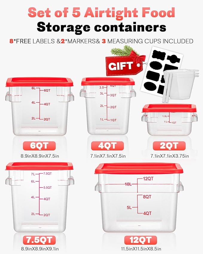 4QT NSF Food Storage Containers: 8 PCS [Food Grade][Hot&Cold Resistant] Commercial Clear Food Storage Containers with Lids for Restaurant Kitchen Proof Dough, Measuring Spoons Included(BPA FREE)