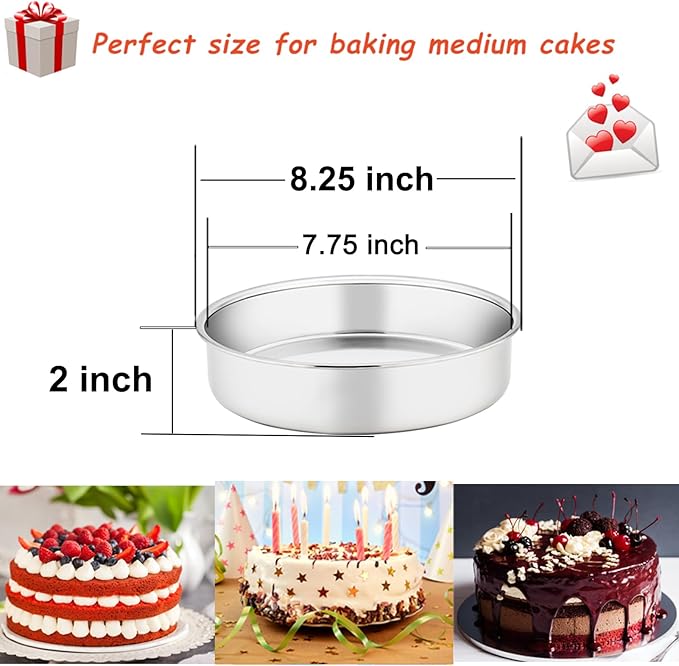 TeamFar 8 Inch Cake Pan, 3 Pcs Round Cake Pan Tier Cake Pan Set Stainless Steel, Healthy & Heavy Duty, Mirror Finish & Easy Clean, Dishwasher Safe