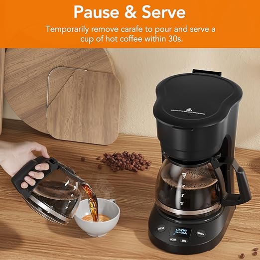 5-Cup Programmable Drip Coffee Maker, a compact coffee machine with a digital clock and 24-hour programmable timer, featuring Auto Shut-Off, and a Removable Filter Basket for Home & Office.