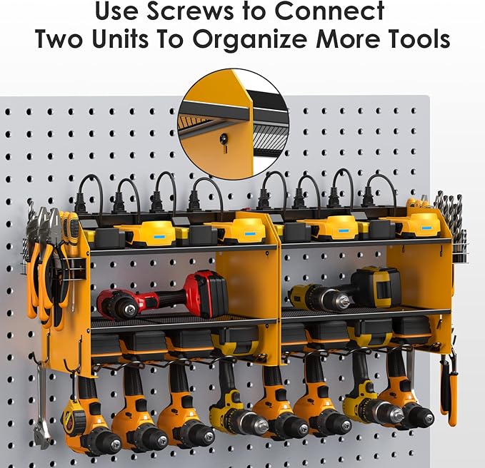 CCCEI Modular Power Tool Organizer Wall Mount with Charging Station. Garage Drill Storage Shelf with Hooks, Heavy Duty Rack, Tool Battery Holder Built in 8 Outlet. Gift for Men. Yellow, 1 Pack.