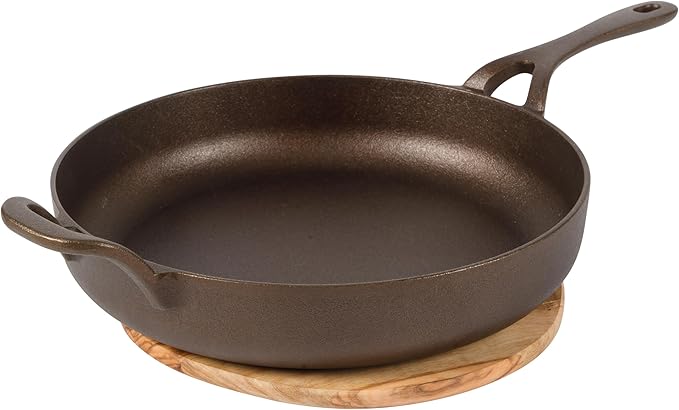 Bloomhouse Natural Bronze Finish 12-Inch Cast Iron Skillet with Long Handle, Helper Handle & Olive Wood Trivet – Olive Oil Treated Fry Pan, Oven & Stovetop Safe