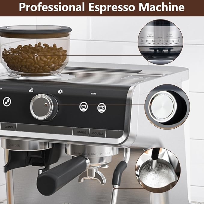 Garvee Super Automatic Espresso Machine with TFT Display, Auto Milk Frother & Grinder, 20 Bar, 6 Custom Drinks, Chrome-Silver with Gold Accents, Compact for Home Barista