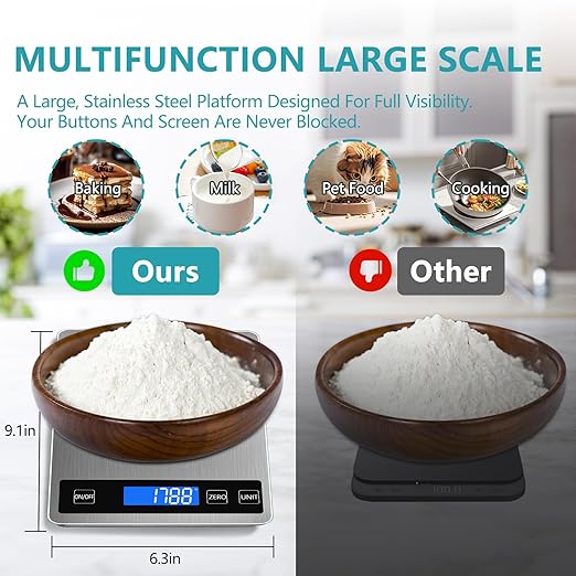 Food Scale, 33lb Digital Kitchen Scale, 1g/0.1oz Precision for Baking, Cooking, Meal Prep, Postage | Rechargeable Type-C, Tare Function, LCD Display Stainless Steel and Tempered Glass