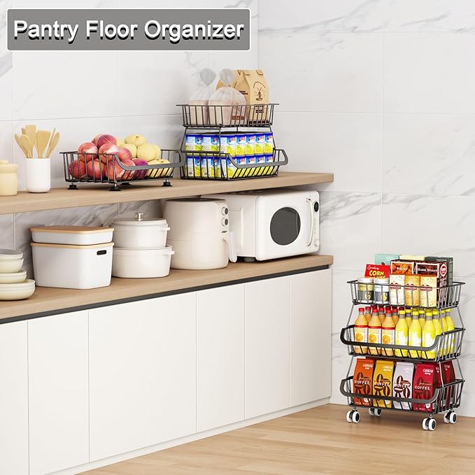 3-Tier Rolling Pantry Floor Organizer, Stackable Pantry Storage Cart with Wheels, Metal Wire Snack Organizers, Kitchen Fruit Basket Stand, Vegetable Storage Rack for Onion Potato Snacks, Black, 2 Pack